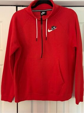 Nike Femme Rally Red Half-Zip Sweatshirt with White Swoosh and Floral Accent